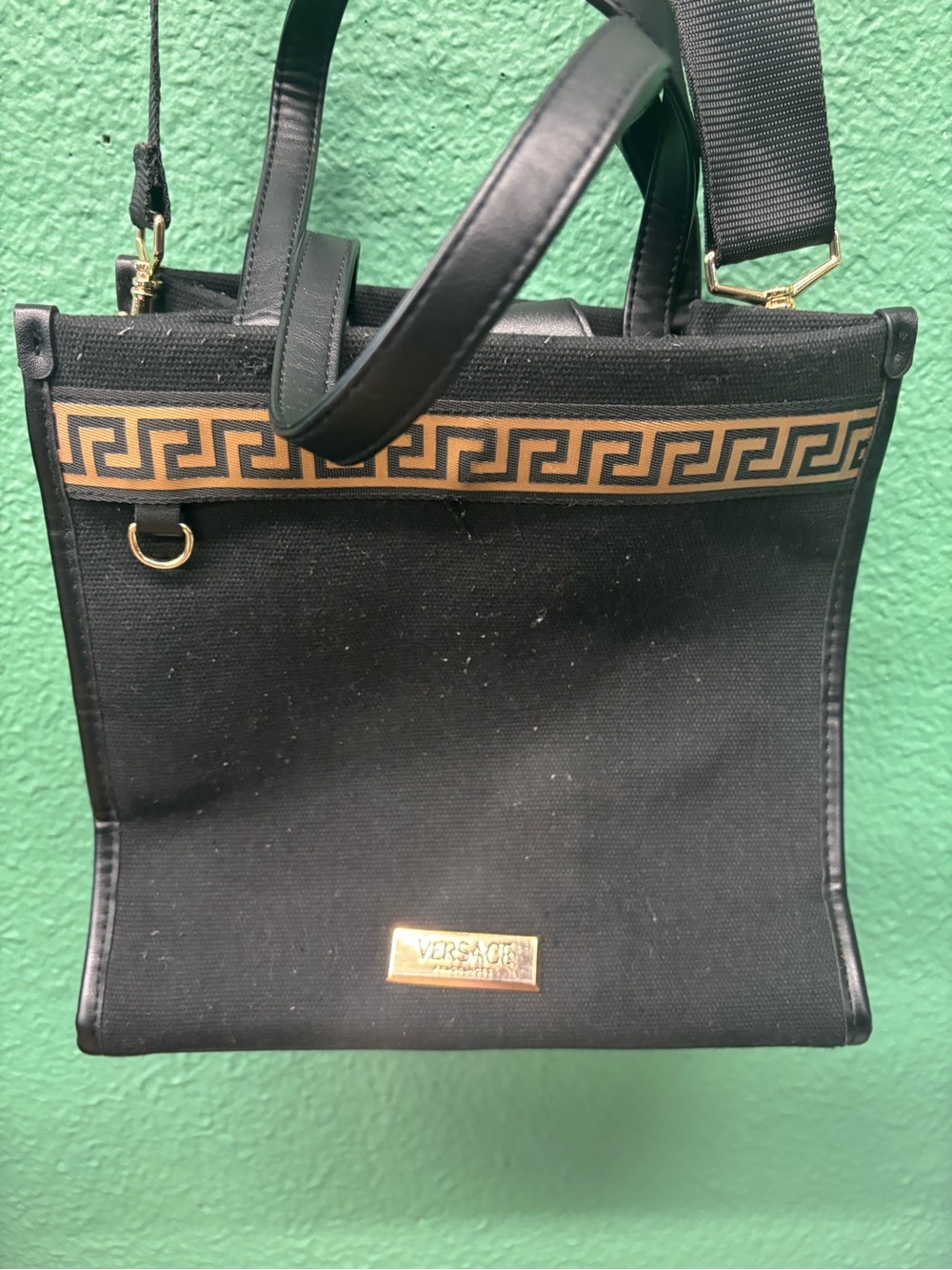 Versace Black Tote with Gold Greek Key Accent